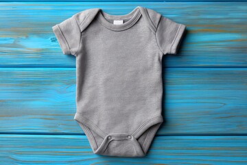Grey baby onesie on blue wood planks top view