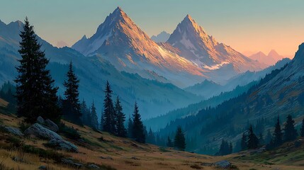 Fototapeta premium Majestic snow capped mountains bathed in golden sunrise light with pine trees