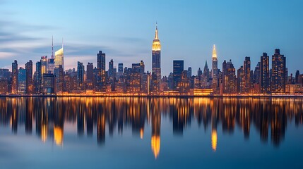 Fototapeta premium Evening skyline reflection new york city urban landscape serene water wide angle cityscape beauty
