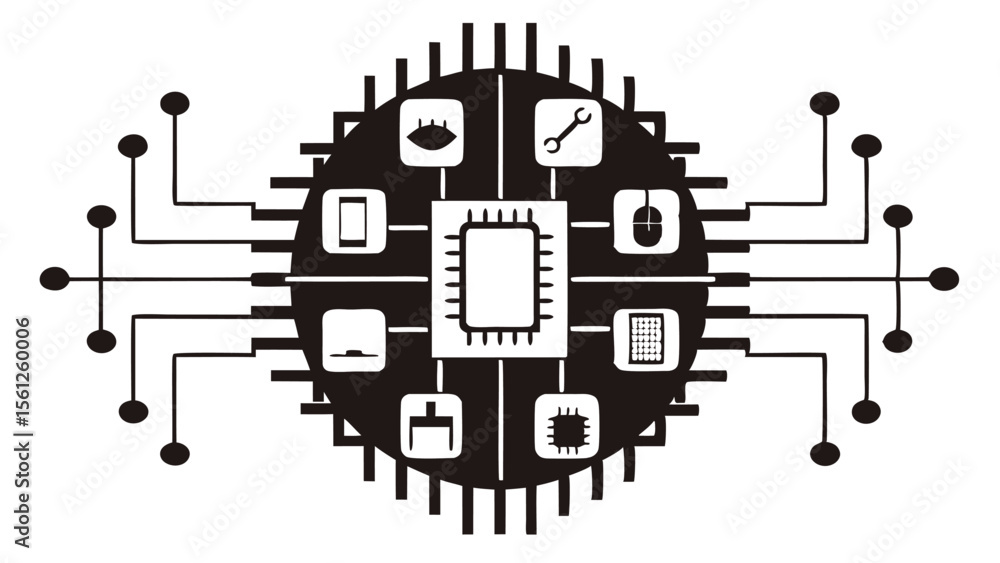 Poster illustration of a central processing unit with peripheral icons in a circular arrangement design