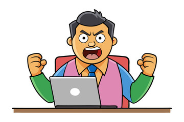 Cartoon businessman expresses extreme frustration and anger while working on his laptop clenching fists in exasperation