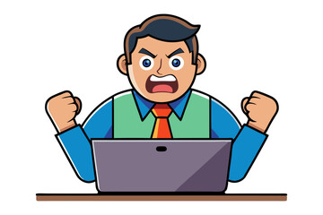 Frustrated businessman shouting and shaking fists in anger while working on a laptop computer