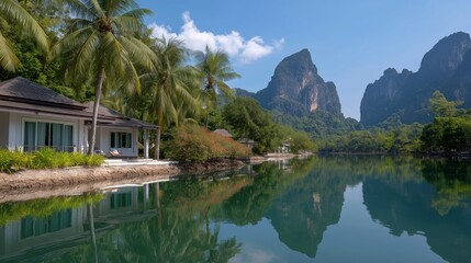 Obraz premium A tranquil villa by the serene lake, where palm trees and majestic mountains enhance the beauty, capturing the essence of relaxation. 