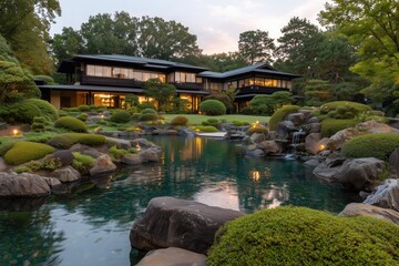 Fototapeta premium A serene image of a stunning Japanese-style house is showcased, with lush greenery of meticulously groomed gardens that extend towards a tranquil pond, which mirrors the architecture's reflection.