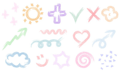 Pastel Color Doodles, Scribbles Elements Drawn with Crayon, Grunge, Charcoal, Hand Drawn Shapes with Chalk Texture, Pencil, Marker, Set of Sketches, Isolated, Transparent Background