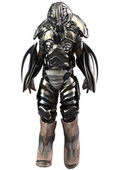 High detail 3D illustration of a futuristic armored warrior in a sci-fi exosuit. The character features metallic plating, sharp blade like extensions, and a battle ready stance, ideal for concept art
