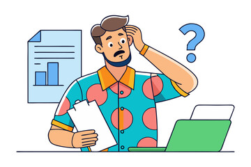 Confused businessman scratching head in front of laptop and charts questioning business strategy or data analysis