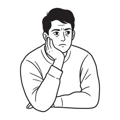 Contemplative man in black and white resting head on hand thinking deeply