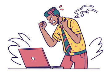 Frustrated businessman shouting at laptop screen with anger and stress during a difficult work situation