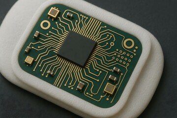 Macro photo of the internal circuit board of a wearable health patch with detailed connections and sensors