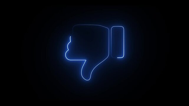 Blue neon dislike icon animation. Glowing Thumbs Down motion. Outline Like Icon 4k video. hand gesture dislike.