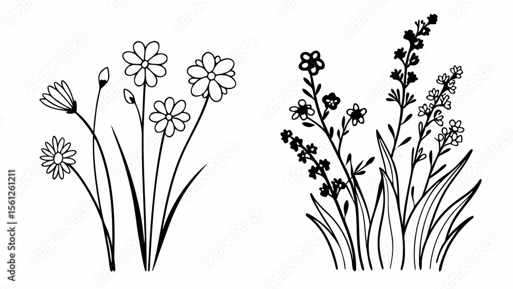 Poster black and white drawing showcasing two distinct floral arrangements with delicate line work and simp