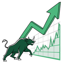 Illustration of a green bull with horns walking in front of an upward trending stock market chart line graph