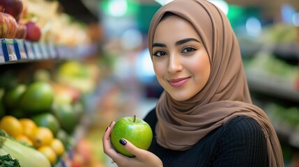 Woman wearing hijab holding apple