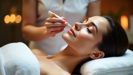 Mature Woman Enjoying a Relaxing Facial Massage at Spa – Peaceful Skincare Treatment Scene with Calm Atmosphere and Professional Therapist
