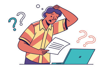 Confused person scratching head while looking at paper and laptop surrounded by question marks symbolizing uncertainty and doubt