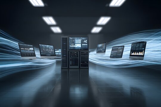 An advanced digital system with multiple laptops and tablets displaying various data visualizations, surrounded by glowing blue light trails in an empty room.