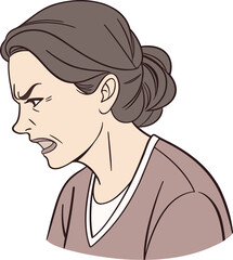 Woman with furrowed brows and clenched jaw expressing anger and stress in a profile view filled with intensity