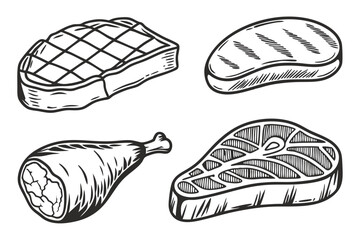 Hand Drawn Sketch of Raw Meat Products Vector Set