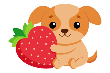 Fototapeta premium Cartoon Puppy Hugging Strawberry Fruit Vector Art