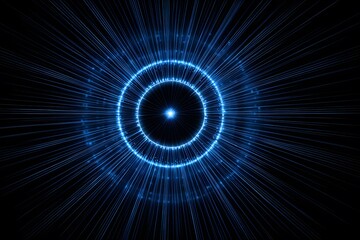 Blue light rays radiating from the center of a circular hologram, a technology background with a black and blue color scheme.

