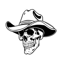 Skull in Cowboy Hat: A bold monochrome line art illustration depicts a skull wearing a classic cowboy hat, showcasing its detailed features and strong graphic style.