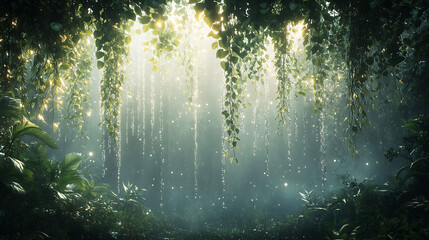 Foggy enchanted jungle-like forest with thick tropical vegetation, shimmering vines hanging down, and sunlight reflecting off dew-covered leaves