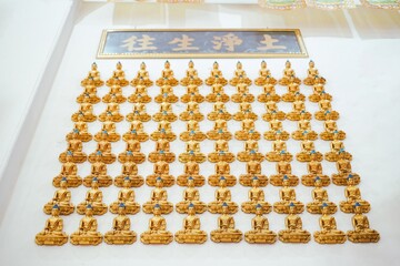 Golden Buddha Statues in Neat Rows on Temple Wall