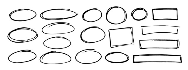 Hand drawn doodle sketch marker circle, oval, ellipse, rectangle frame. Handdrawn marker emphasis elements.