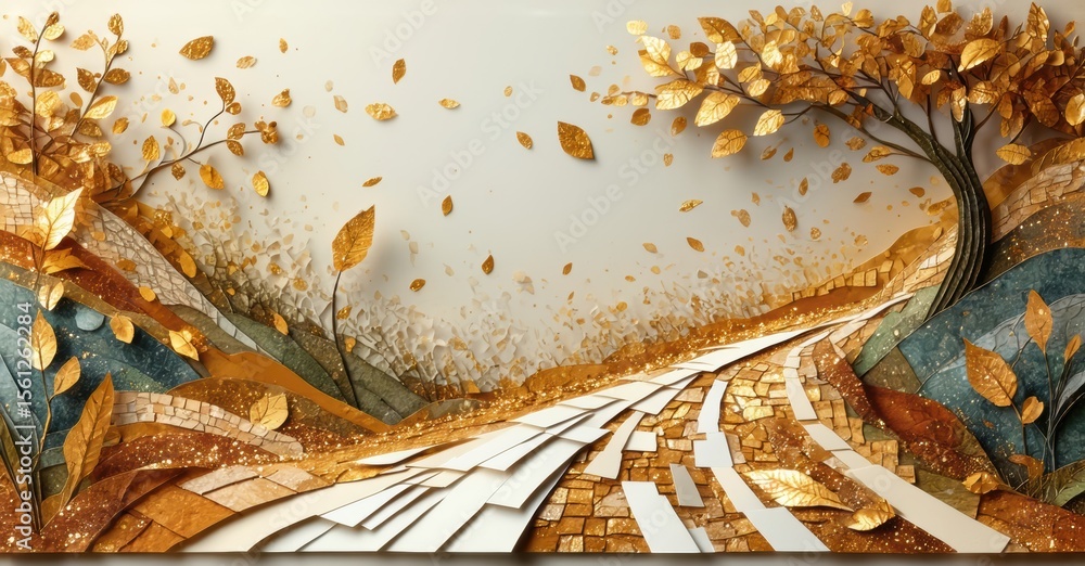 Poster golden foliage lines winding road. paper layers create depth, autumn scene evokes tranquility, warm 