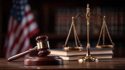 Fototapeta premium American Legal System with Gavel and Scales of Justice in a Courtroom Setting