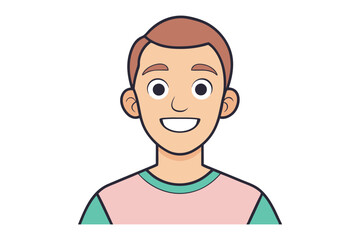 Friendly illustration: A friendly smiling male person, with light brown hair and a pink shirt and smiling at the camera. Illustration in clean flat design style.