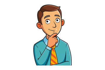 Cartoon businessman with brown hair and a blue shirt with a striped tie thoughtfully resting his chin on his hand
