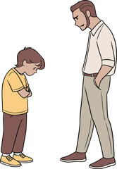 Adult man scolding small boy standing with head down portraying a moment of discipline and power imbalance