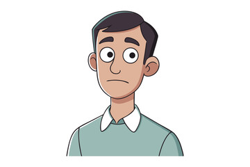 Cartoon Man with Worried Expression: A thoughtfully drawn cartoon of a man showcases a concerned expression, his eyes wide and eyebrows slightly furrowed, suggesting anxiety or deep contemplation.