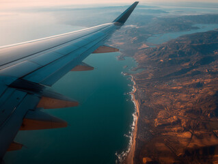Fototapeta premium Aerial view of airplane wing over coastline