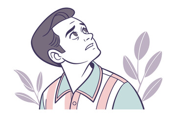 Contemplative Gazing: A vintage-style illustration shows a man deep in thought, eyes upward, surrounded by subtle botanical details.
