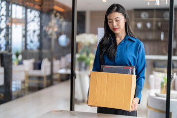 Quit Job asian business woman sending resignation letter and packing Stuff Resign Depress or...