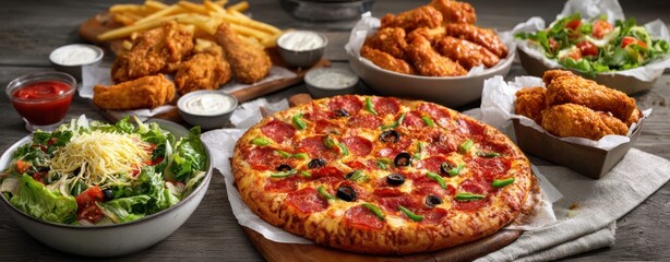 Fototapeta premium The delicious spread of pizza, chicken, salad, and fries on a rustic wooden table.