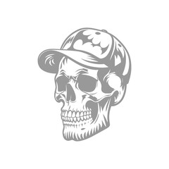 Skull wearing a baseball cap in a monochrome style