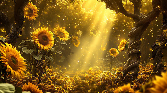 Golden fairytale forest with oversized sunflowers towering among ancient twisted trees, golden light beams shining through, and soft pollen glowing in the air