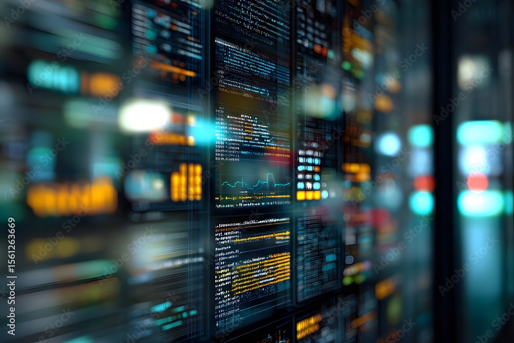 Poster digital background featuring code and data visualizations on glass screens, representing the technol