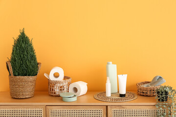 Toilet paper rolls, cosmetic products and plants on wooden cabinet near color wall