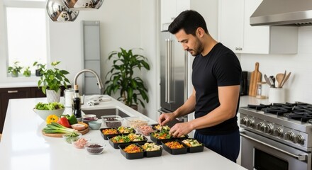 Man preparing meal prep containers with vegetables and protein in a modern kitchen setting at home