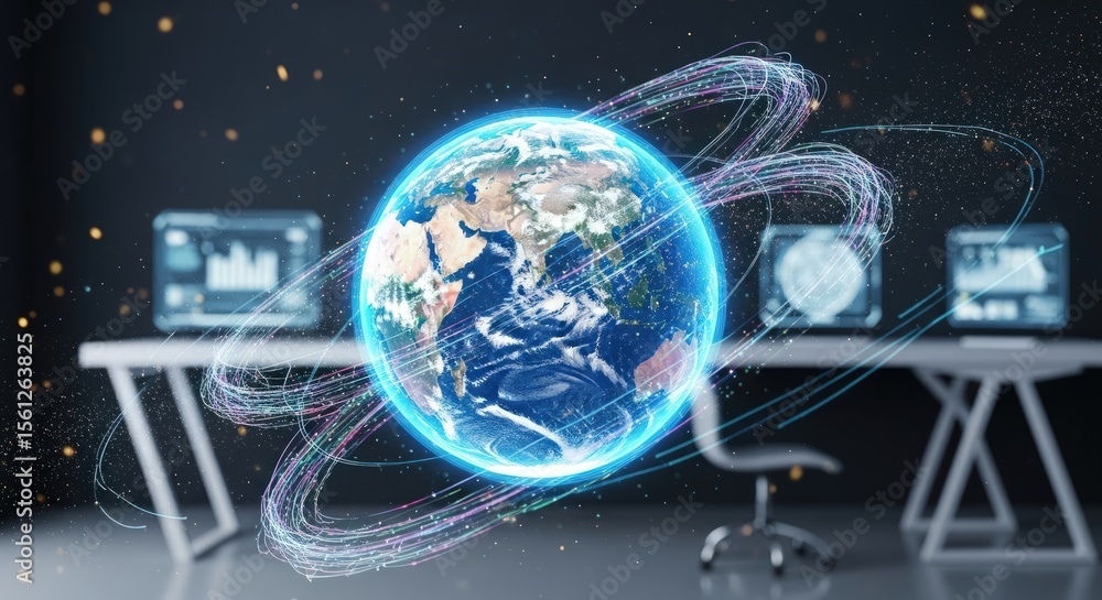 Aufkleber a glowing earth surrounded by data streams in a modern office with computer screens and a chair
