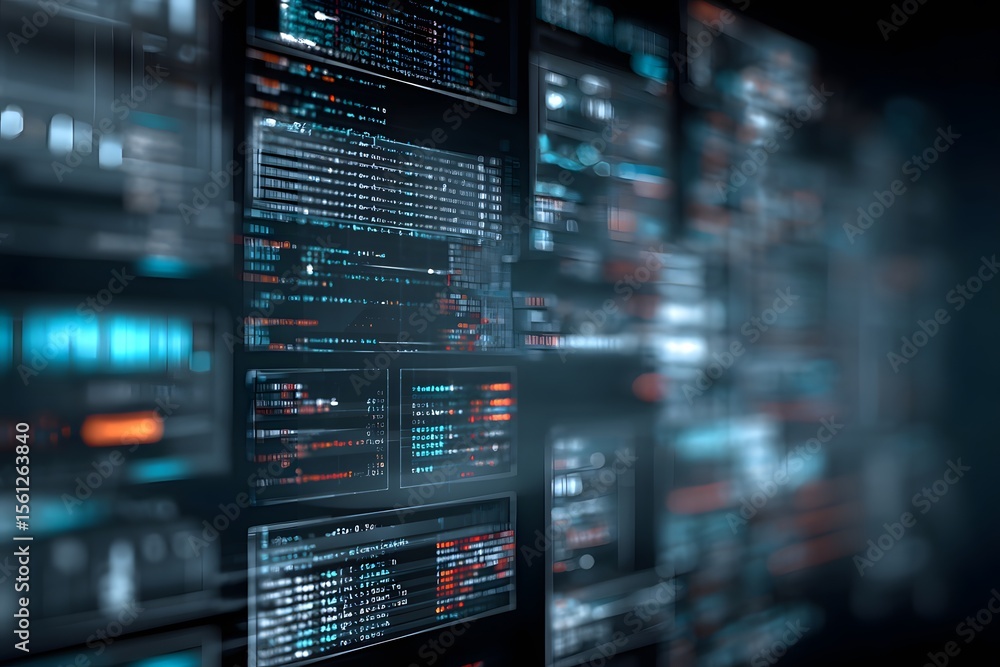 Poster digital background featuring code and data visualizations on glass screens, representing the technol