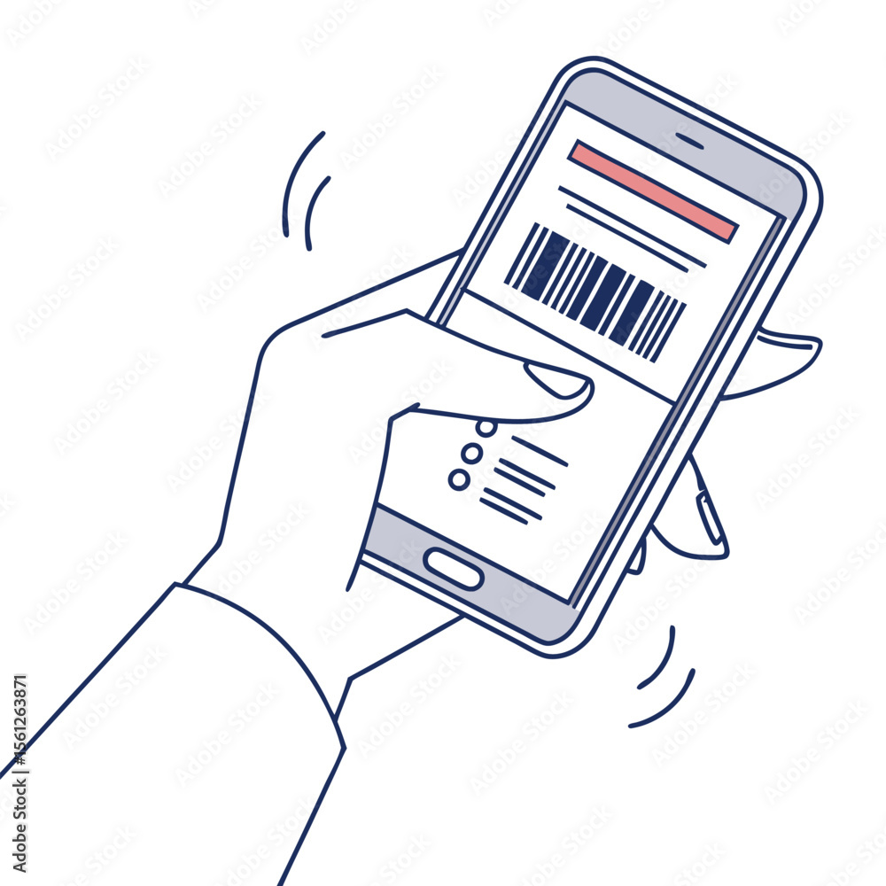 Poster hand holding a smartphone with a barcode displayed on the screen for scanning and mobile transaction