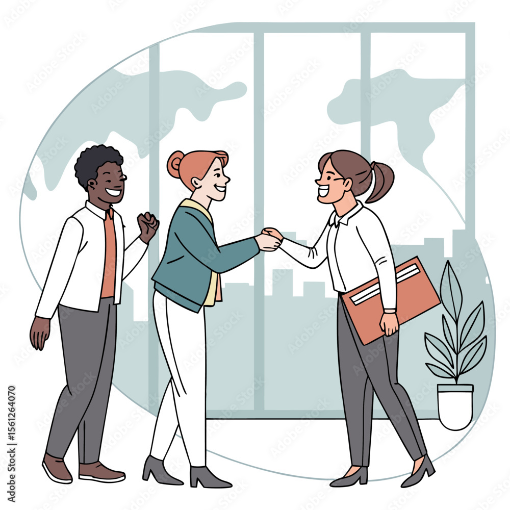 Poster three colleagues in an office setting shaking hands and smiling with a cityscape in the background v