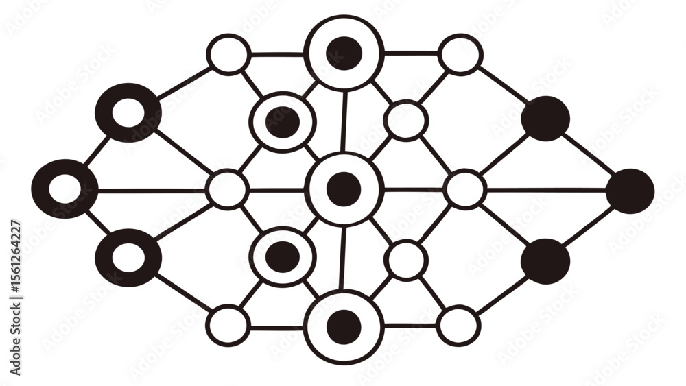 Poster illustration of a network with black and white circles connected by lines forming a complex structur