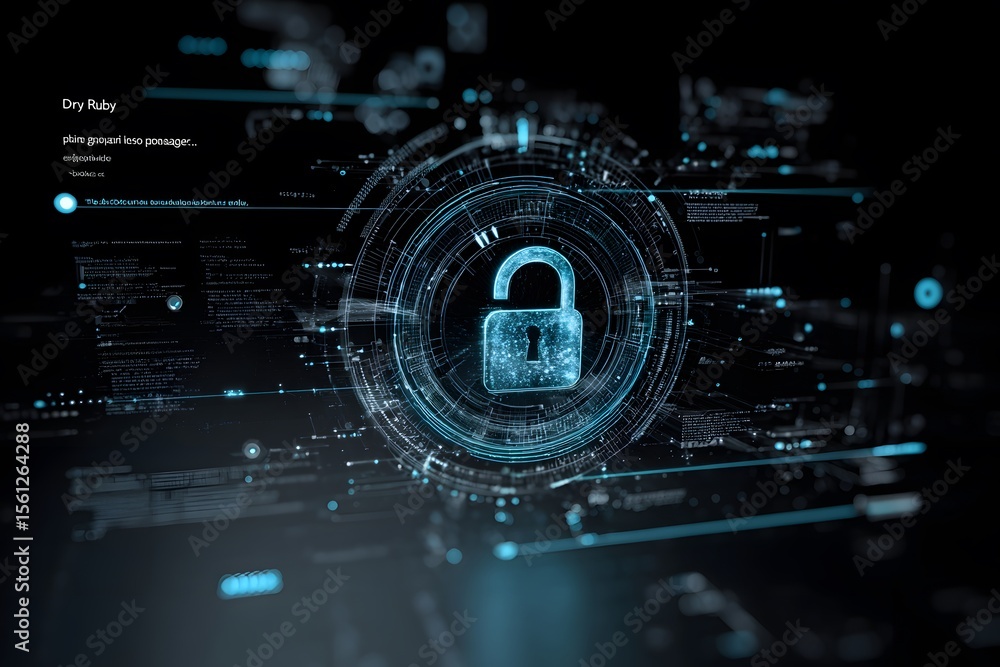 Poster digital hologram of lock and padlock with data visualization elements on black background, cyber sec